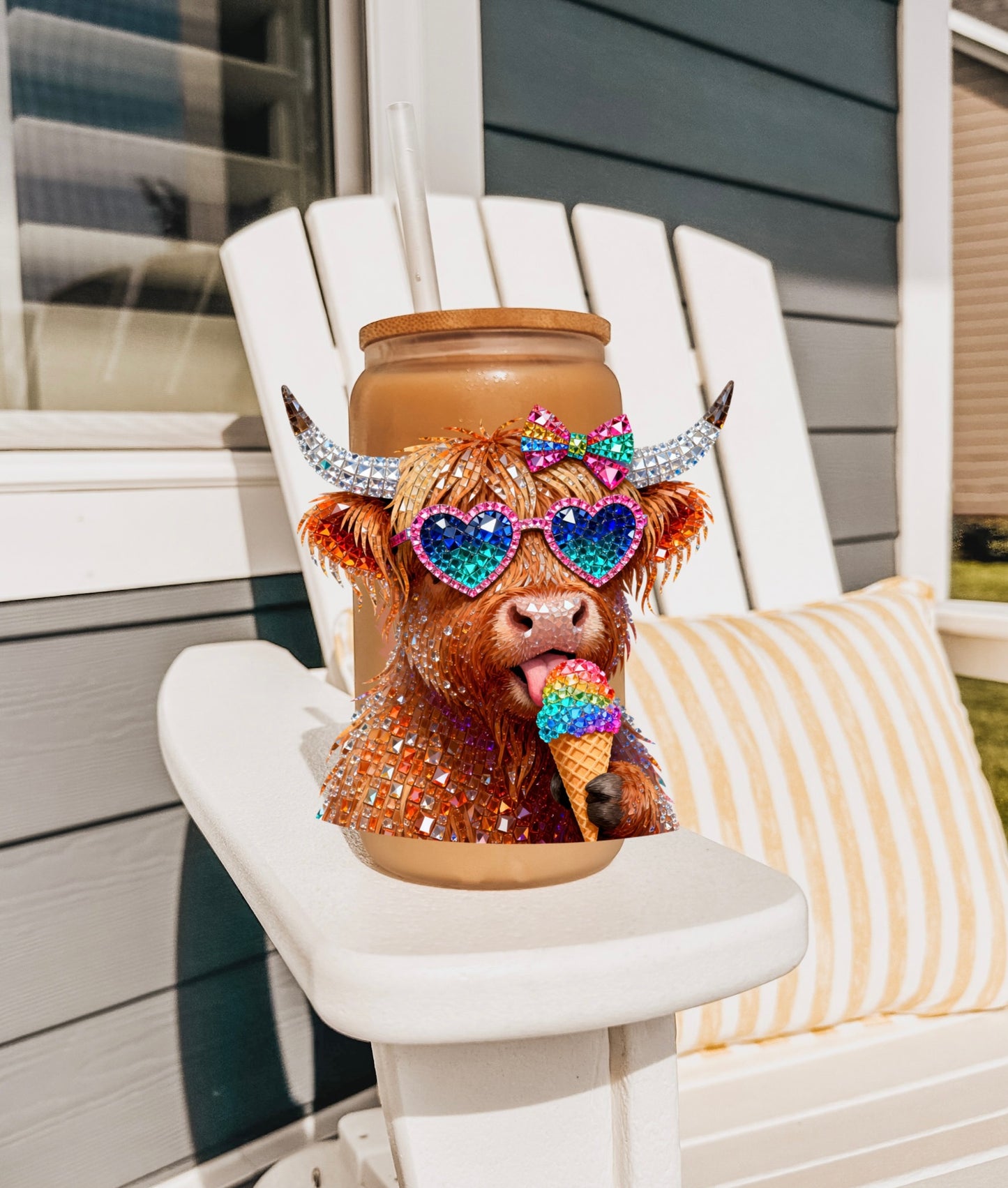 Highland cow eating ice cream